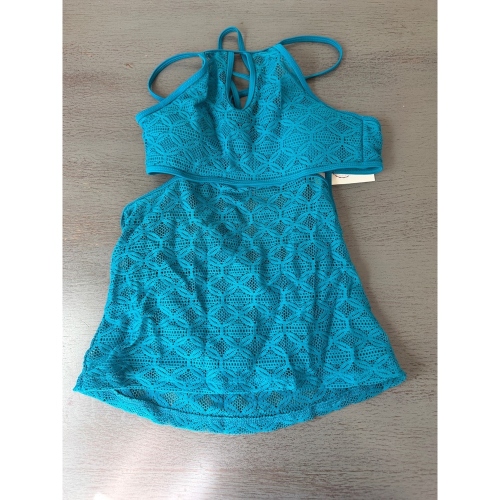 SO Crochet Lace Tankini Top Teal Blue High Neck Keyhole Back Tie Swimwear Small